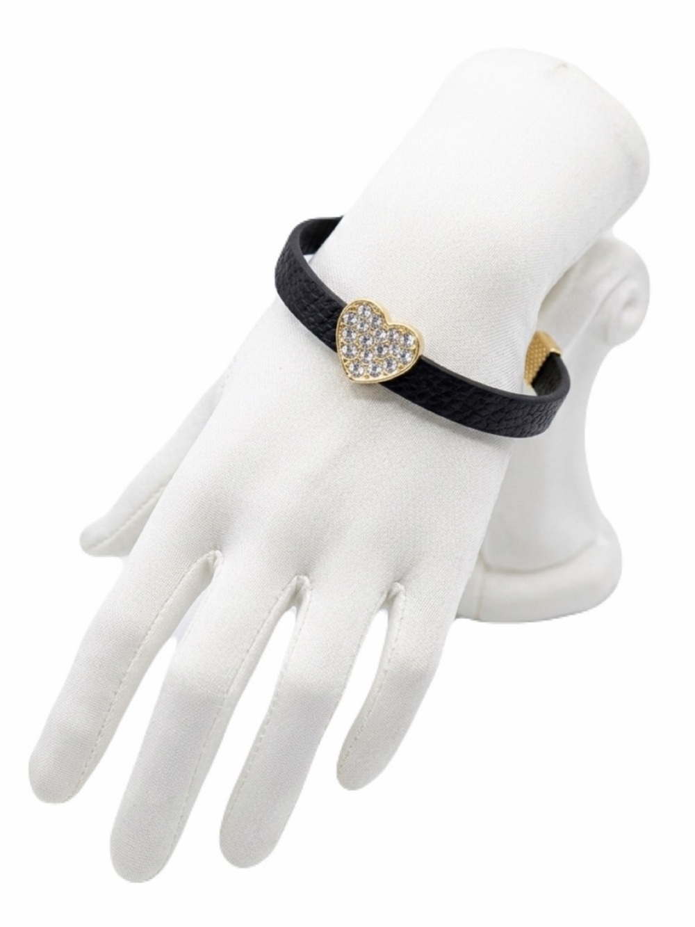 Vintage 1980s Gold Heart Crystal Bead Leather Bracelet